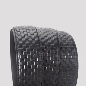 Men's premium black cowhide leather belt with textured lattice pattern and refined stitching