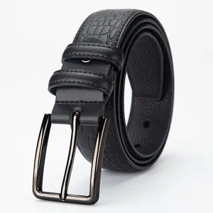 Men's First Layer Cowhide Genuine Leather Belt With Zinc Alloy Pin Buckle Embossed Crocodile Fishbone Pattern Business Casual Waist Belt