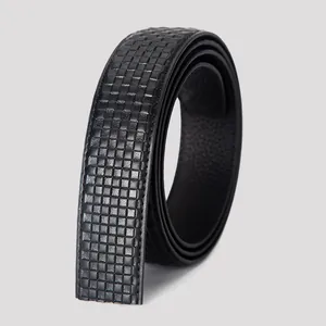 Men's black leather belt strap with checkered pattern and lychee texture for auto buckle
