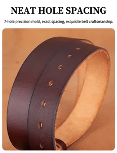 Detail of premium brown leather belt showing seven precise round holes and natural grain texture