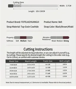 Size chart for genuine cowhide leather belt showing lengths from 105cm to 130cm and 3.7cm width
