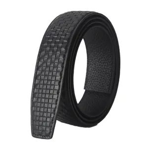 Men's premium black leather belt strap with square grid pattern and textured finish