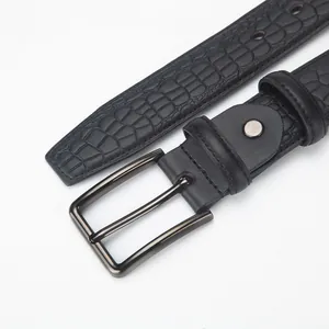 Men's black embossed leather belt with gunmetal needle buckle and crocodile pattern