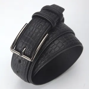 Men's black leather belt with crocodile texture and gunmetal gray rectangular buckle