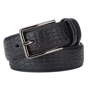 Men's black embossed leather belt with gunmetal needle buckle for business casual look