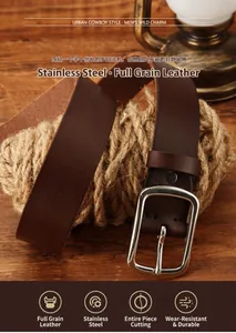 Detail of genuine cowhide leather belt with stainless steel buckle on rustic rope