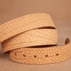 Men's tan bison grain genuine leather belt strap with rugged texture and round holes