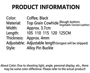 Detailed technical specifications for genuine leather belt with alloy pin buckle dimensions