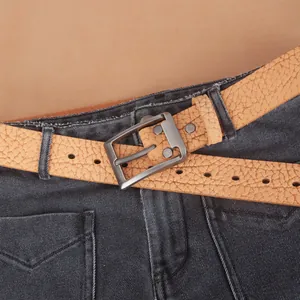 Men's brown genuine leather belt with textured bison pattern and matte gunmetal buckle