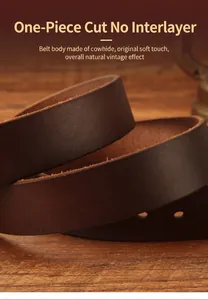 Detail of single-piece cut genuine cowhide leather belt showing natural texture and thickness