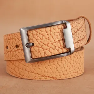 Light brown bison pattern leather belt with gunmetal rectangle pin buckle for men