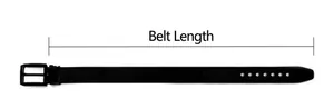 Detail view of black genuine leather belt with metallic buckle and length measurement mark