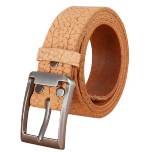 Men's light brown leather belt with textured bison pattern and silver metal buckle