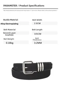 Vue détaillée d'une ceinture en cuir noir, largeur 2,9 cm et longueur totale 105 cm