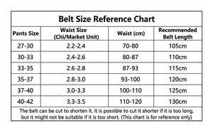 Detailed size chart for men's leather belts showing waist measurements and total belt lengths