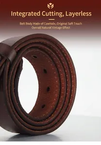 Macro detail of dark brown genuine leather belt showing seamless one-piece cut and texture