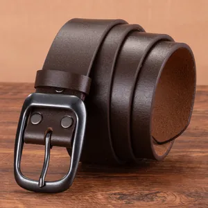 Vintage dark brown cowhide leather belt for men with sturdy gray metal pin buckle