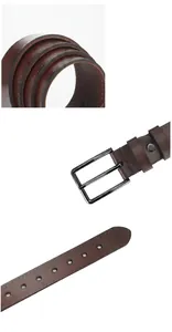 Macro detail of brown leather belt showing thickness, alloy buckle and precise stitching