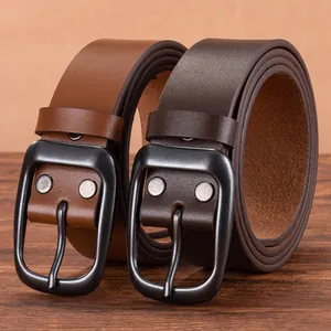 Men's vintage genuine leather belt set with classic pin buckle for jeans in two brown tones