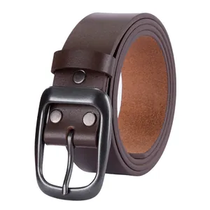 Vintage men's dark brown leather belt with a matte grey pin buckle and metal rivets