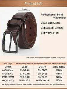 Size chart for genuine cowhide leather belt showing waist measurements and lengths