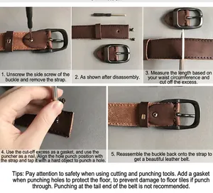 Guide showing how to trim and adjust the brown leather belt strap and metal buckle