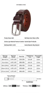 Size chart and measurement guide for men's leather belt showing lengths and waist fitting