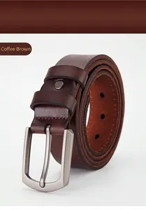 Detail of coffee brown leather belt showing brushed metal pin buckle and stitching