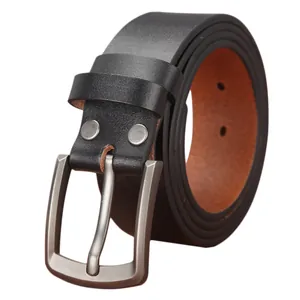 Men's vintage genuine leather belt with brushed metal D-ring buckle in black and brown