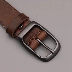 Classic dark brown top grain leather belt with vintage metal pin buckle for men