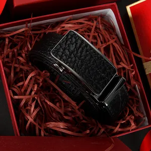 Men's Top Grain Cowhide Leather Belt With Alloy Automatic Buckle Business Bison Texture Black Waist Strap For Men