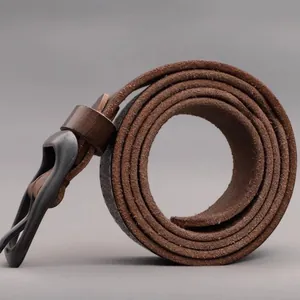 Vintage dark brown leather belt for men with a matte grey metal pin buckle for jeans