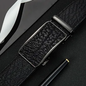 Men's black leather business belt with automatic buckle and textured lychee pattern