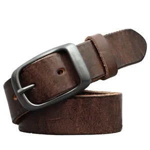 Vintage dark brown cowhide leather belt for men with matte grey metal pin buckle