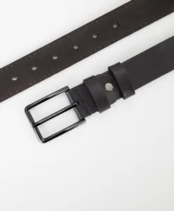 Close-up of black cowhide leather belt with dark gray metal pin buckle detail