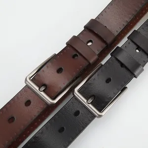 Genuine leather men's belt set in black and brown with silver-gray frosted metal buckle