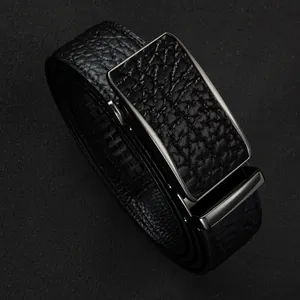 Men's business automatic buckle leather belt with premium lychee pattern texture in black