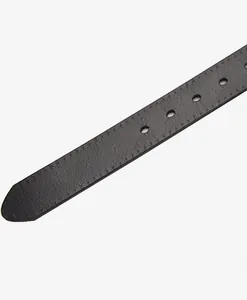 Detail of black leather belt end with durable stitching and five round adjustment holes
