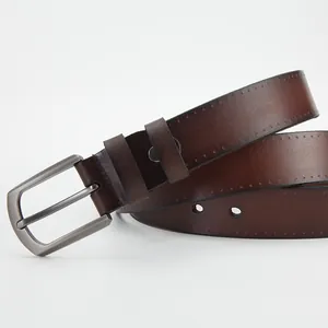 Classic men's brown genuine leather belt with matte grey pin buckle on white background
