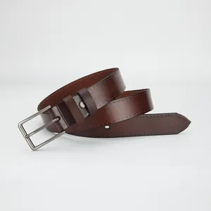 Classic dark brown genuine leather belt for men with a square gunmetal pin buckle