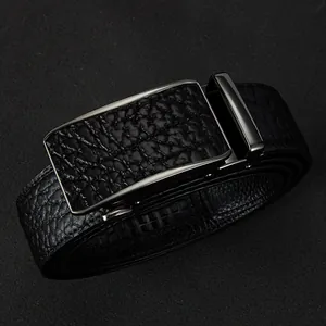 Men's premium black leather belt with automatic grey metal buckle and lychee texture