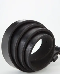 Close-up of black leather belt side profile with detailed stitching and fiber texture