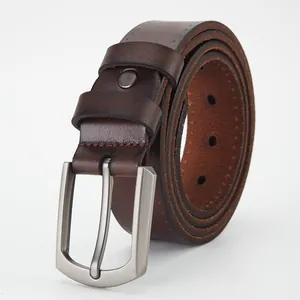 Classic dark brown genuine leather belt for men with a matte silver metal pin buckle