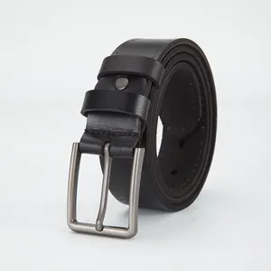Classic men's black genuine leather belt with matte silver pin buckle on white background