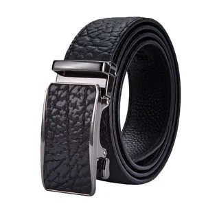 Men's black lychee pattern leather belt with gun-gray automatic buckle for business