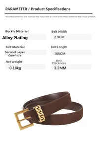 Infographie montrant une ceinture en cuir marron de 2,9cm avec boucle dorée et chaînette