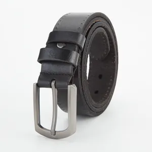 Classic men's genuine leather belt with zinc alloy pin buckle and decorative stitching