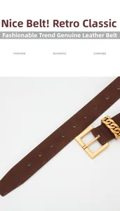 Détail de ceinture en cuir de vachette avec boucle dorée et décor de chaîne métallique