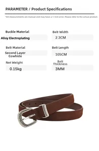 Detailed size parameters of brown leather belt with carved alloy buckle and leather texture