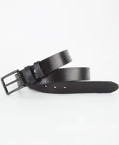 Macro detail of black genuine leather belt with alloy needle buckle and fine stitching